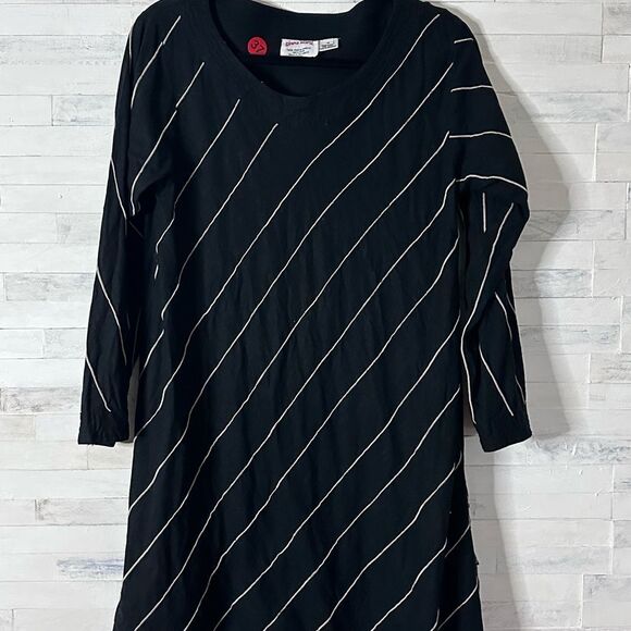 Dress Long Sleeve Black Tan Striped Simple People Size M - Picture 1 of 6